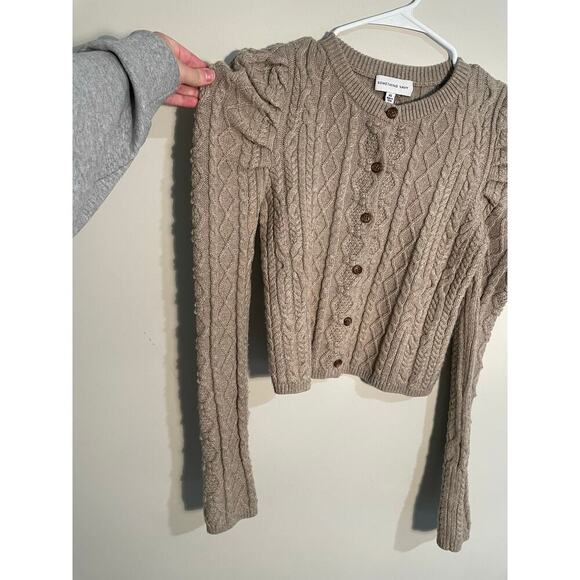 Something Navy Charlie Puff Sleeve Cable Knit Cardigan in Oatmeal Color - Picture 3 of 12